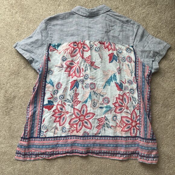 J Jill Button Up Shirt Womens Large Petite Boho Floral Back Linen Cotton Striped - Picture 1 of 6